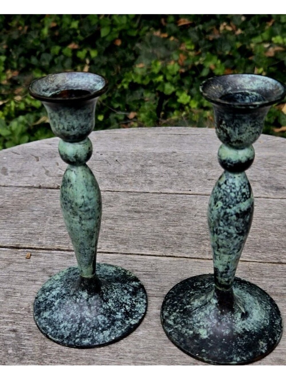 Pair Of Vintage 7" Tall Green Metal Votive Candle Holders Base 3.25"